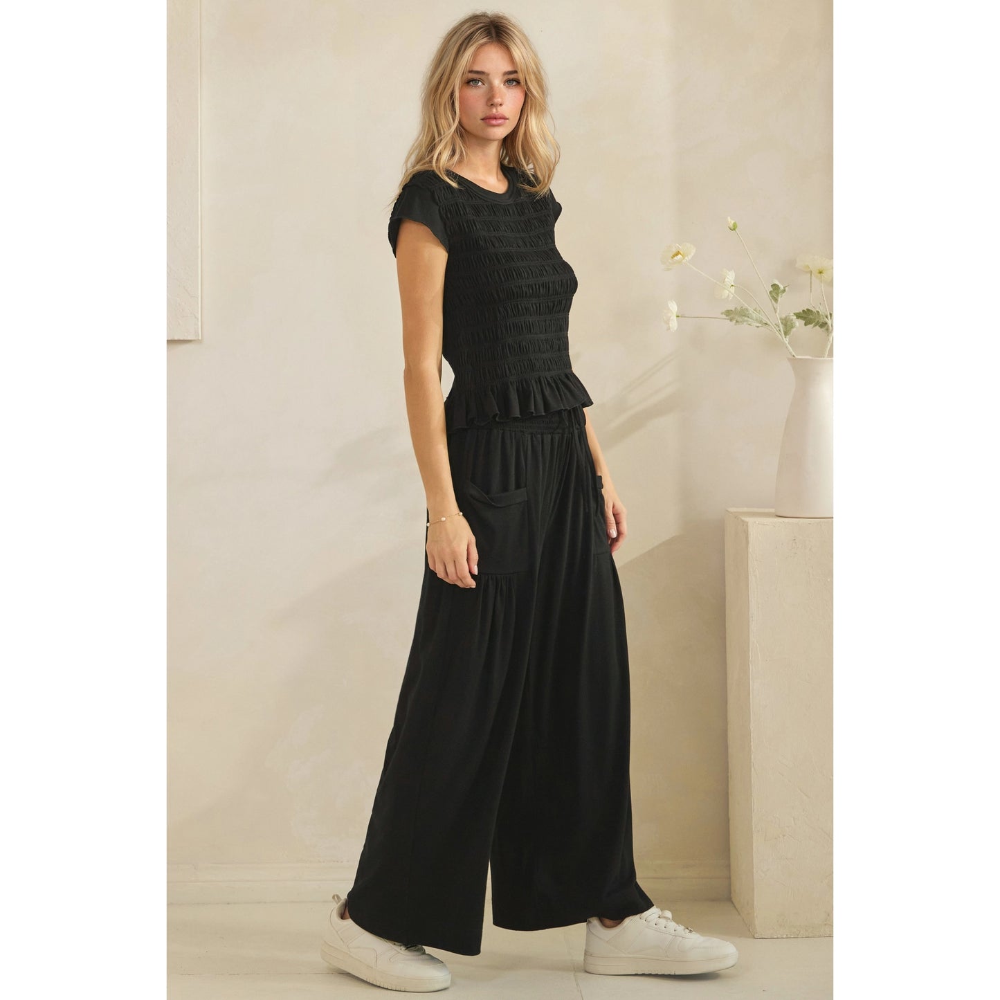 Boho Smocked Lounge Set-Black
