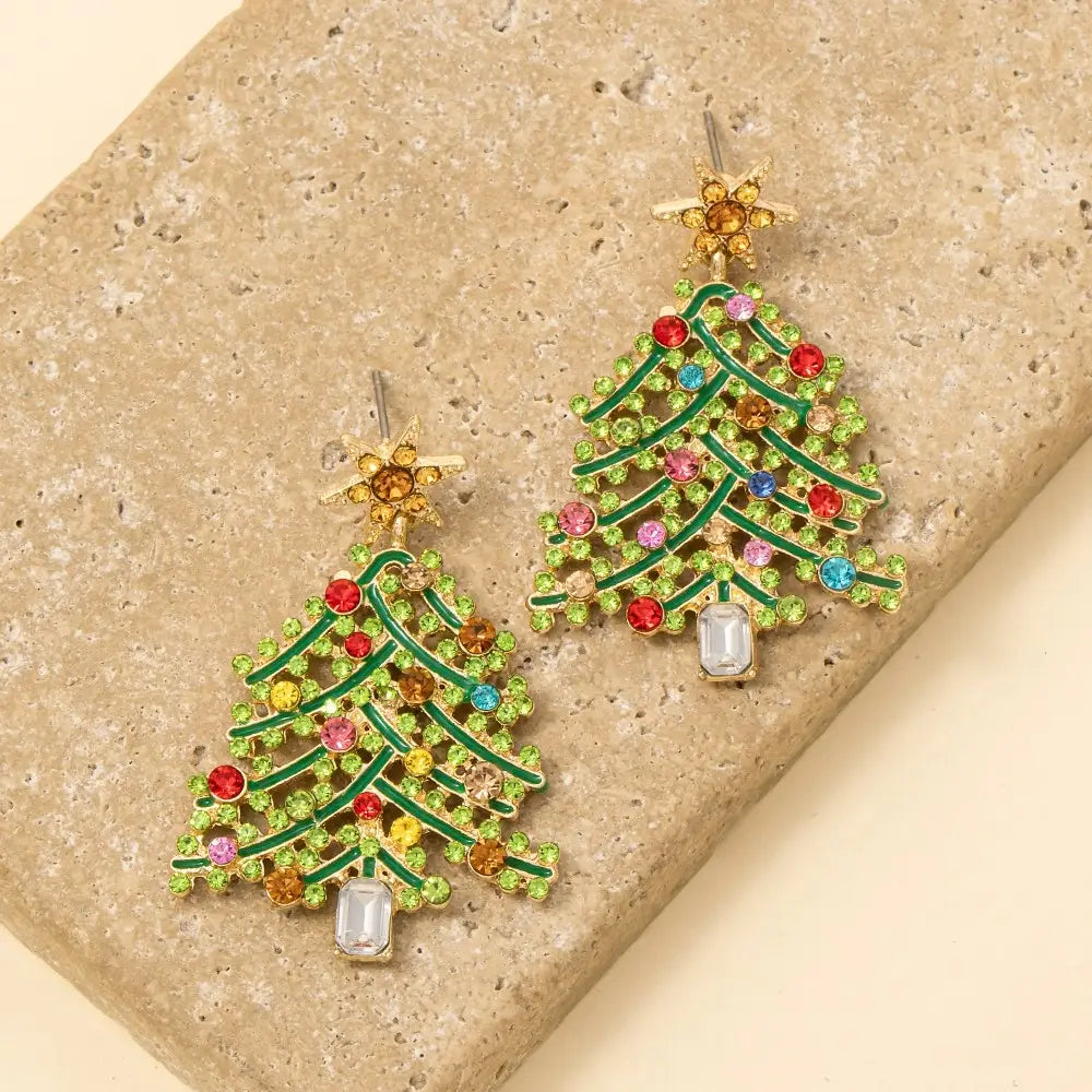 Vibrant Studded Holiday Christmas Tree Dangle Earrings