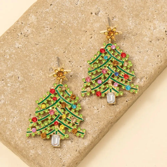 Vibrant Studded Holiday Christmas Tree Dangle Earrings