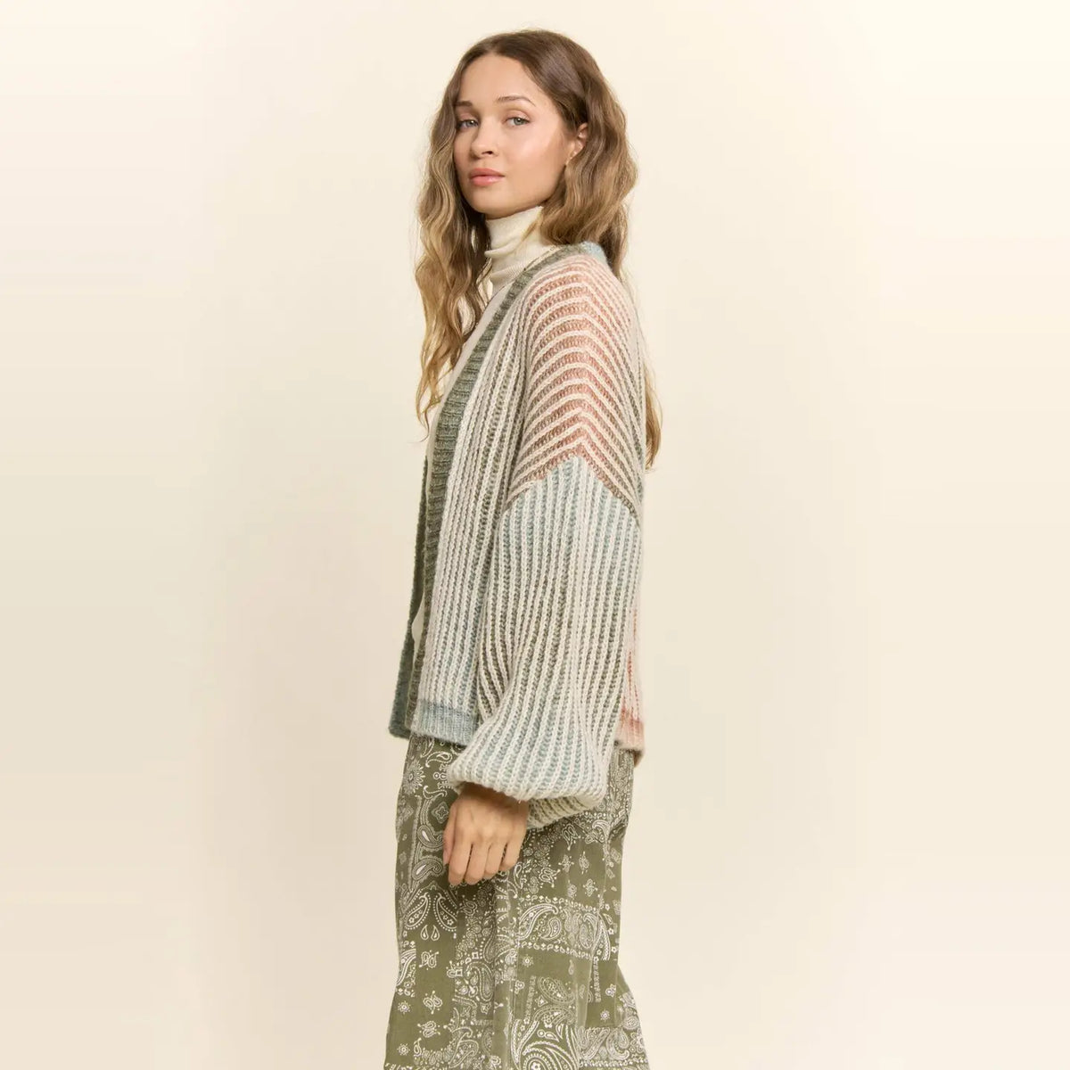 Rainbow Ombre Ribbed Knit Open Cardigan-Olive Rust