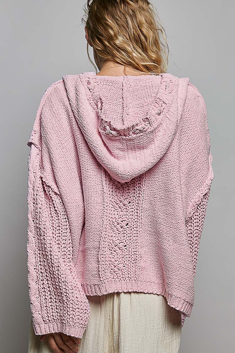 Toni Oversize  Hooded Cable Knit Chenille Sweater-Pale Pink