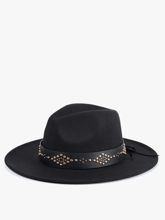 Glinda Grommet Trim Wide Brim Fedora-Black