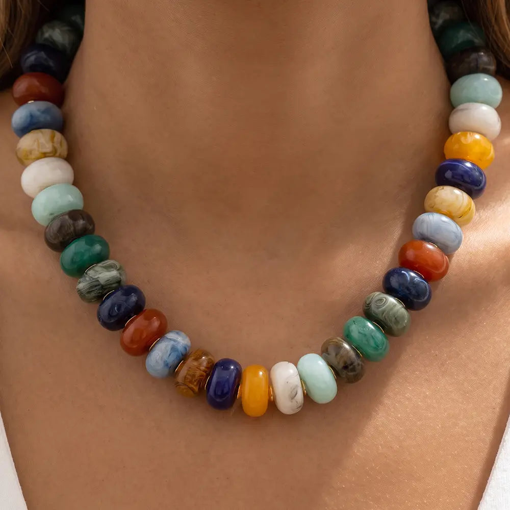 Chunky Marbled Disc Bead Statement Necklace-GDMT
