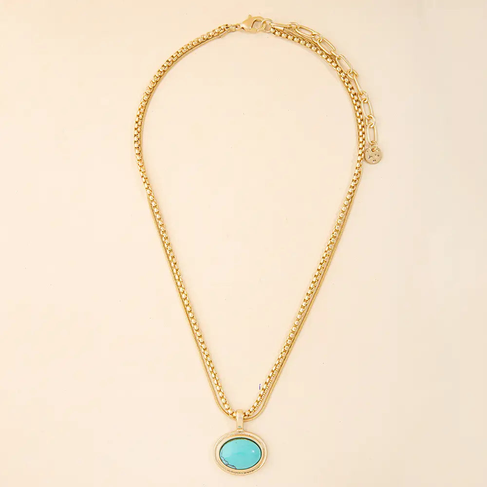 Oval Stone Pendant Double Layer Chain Necklace-Turquoise