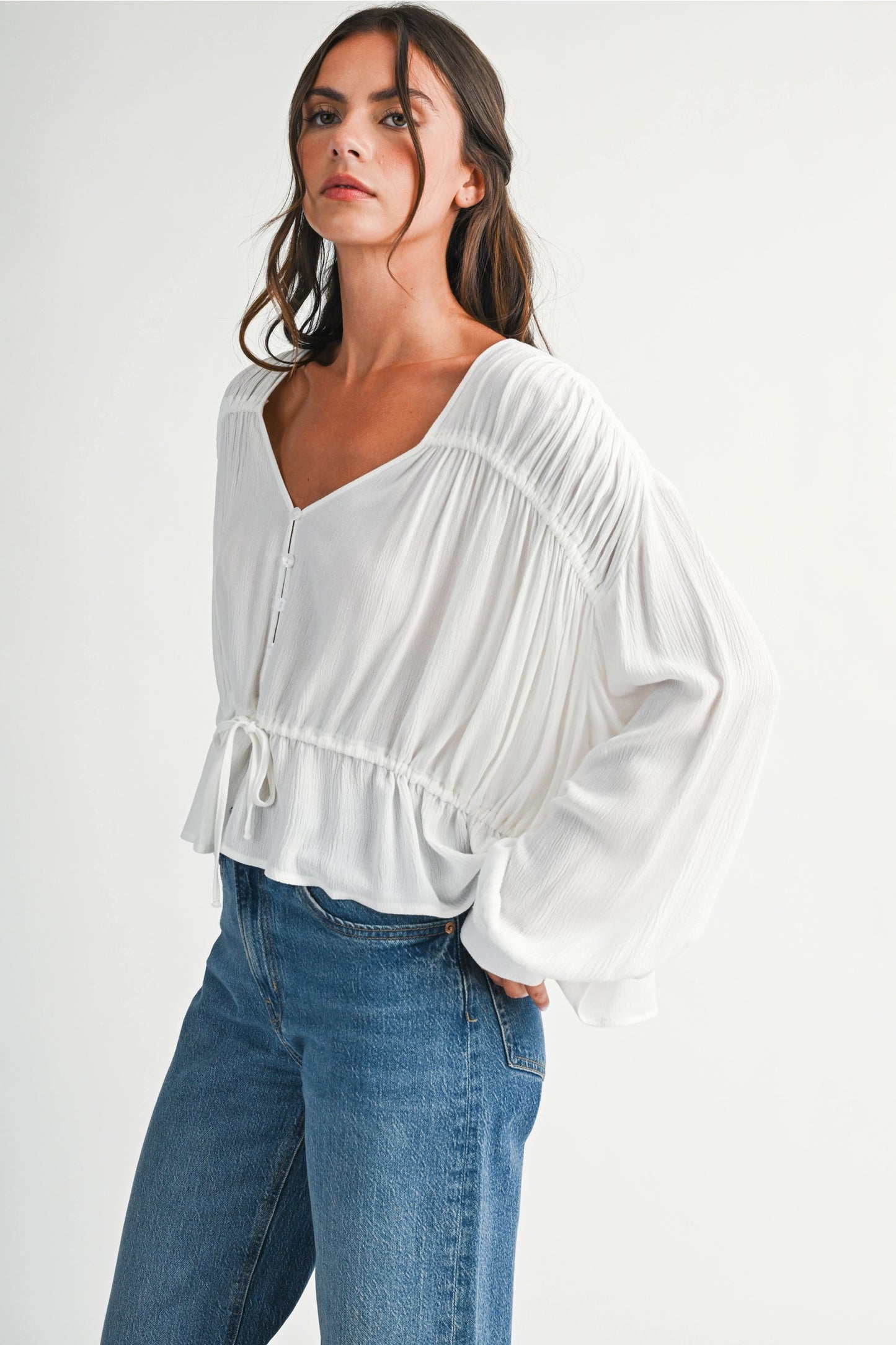 Cyla Textured Button Front Peplum Blouse
