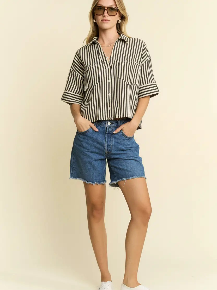 Stripe Collar Short Sleeves Shirt-Cement