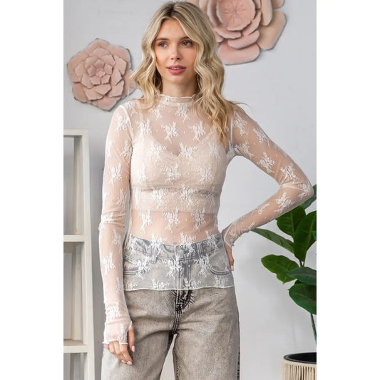 Lace Long Sleeve See Through Top-Ivory