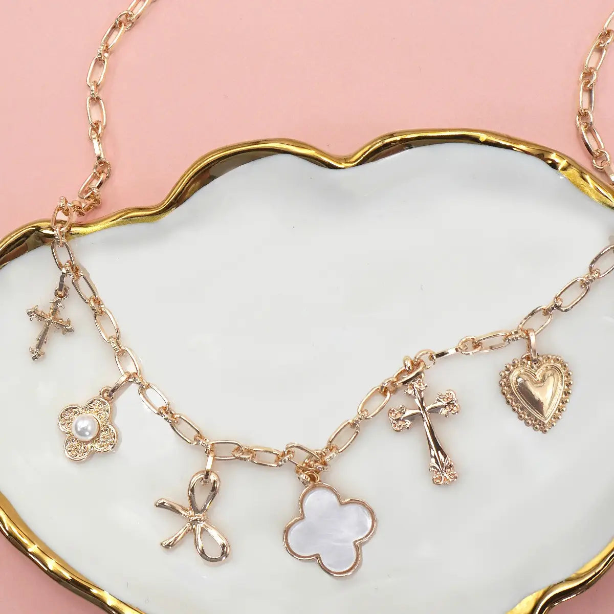 Charm Necklace-Clover Bow Cross Heart Flower