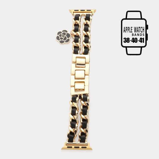 Enamel Rose Charm Faux Leather Metal Chain Watch Band-G/B