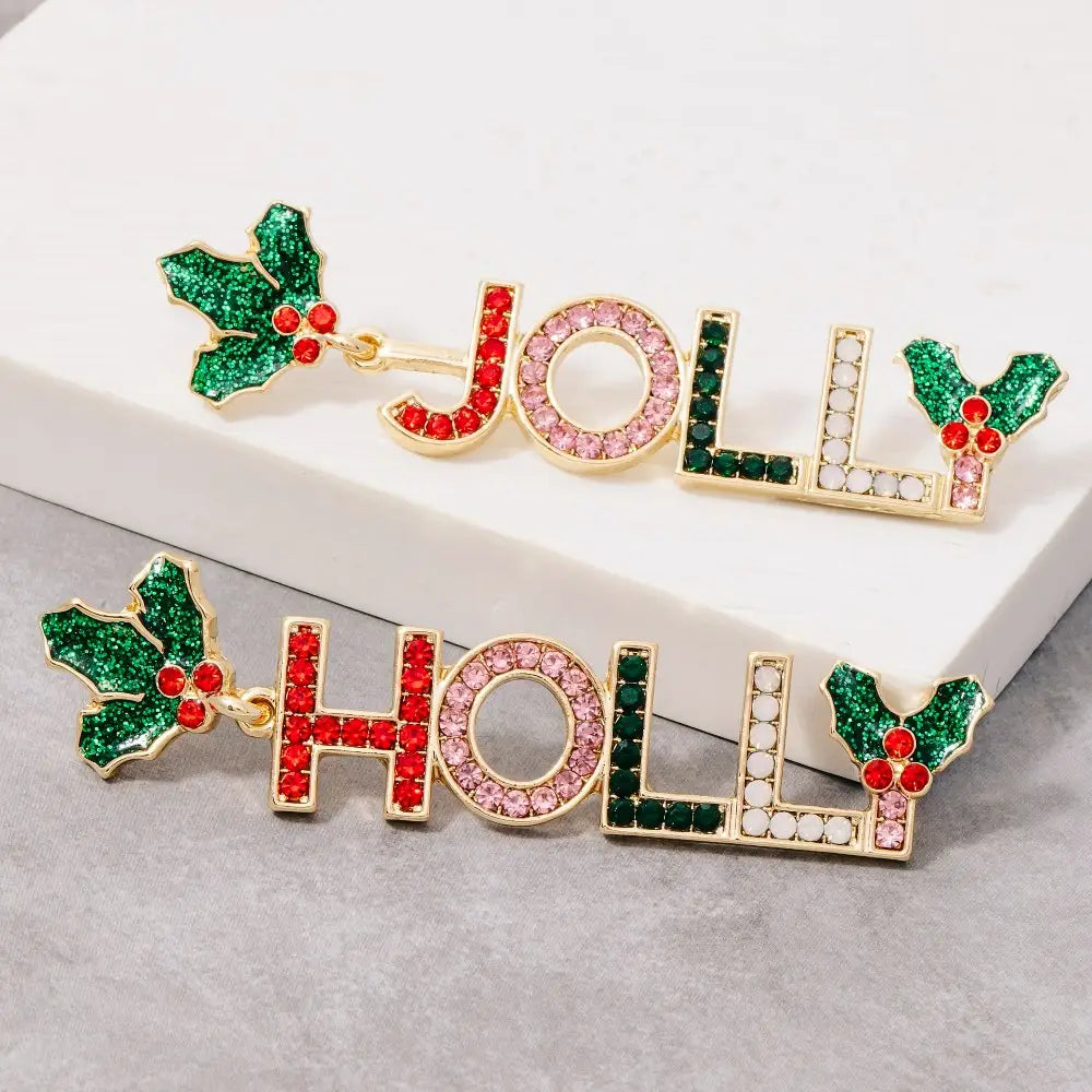 Christmas Jolly Holly Glitter and Studs Dangle Earrings