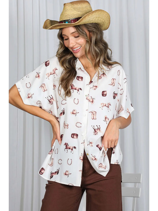 Dakota Collared Button Front Shirt Top-Cream/Brown