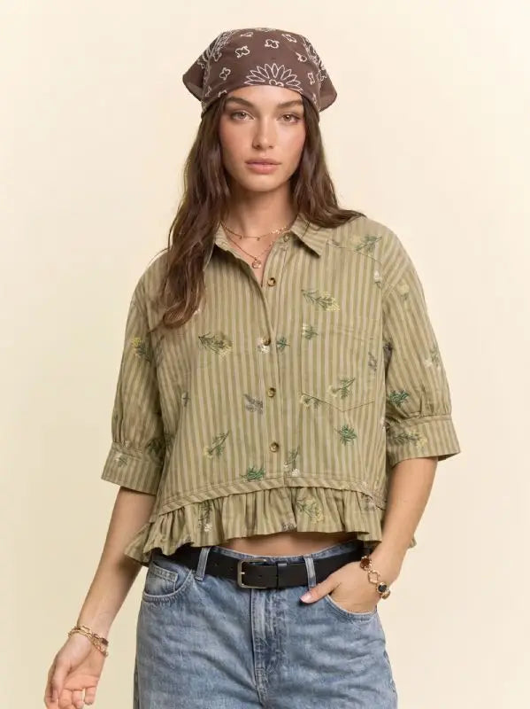 Lia Floral Striped Ruffle Cropped Top-Olive&Mustard