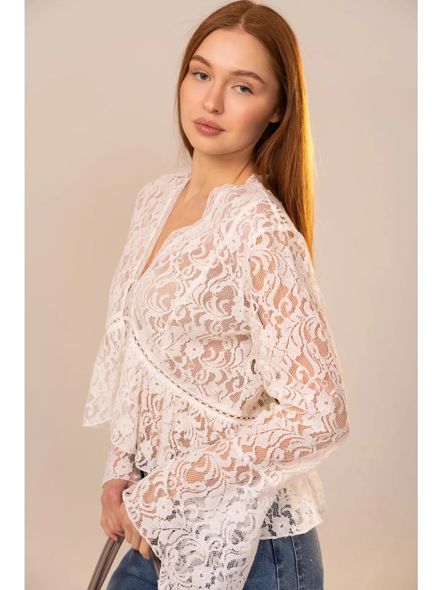 V-Neck Peplum Lace Blouse-Off White