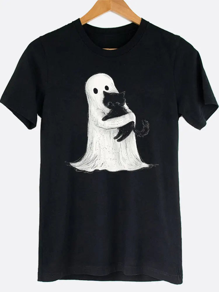 Ghost Hugging Cute Black Cat Halloween Graphic Tee Shirt