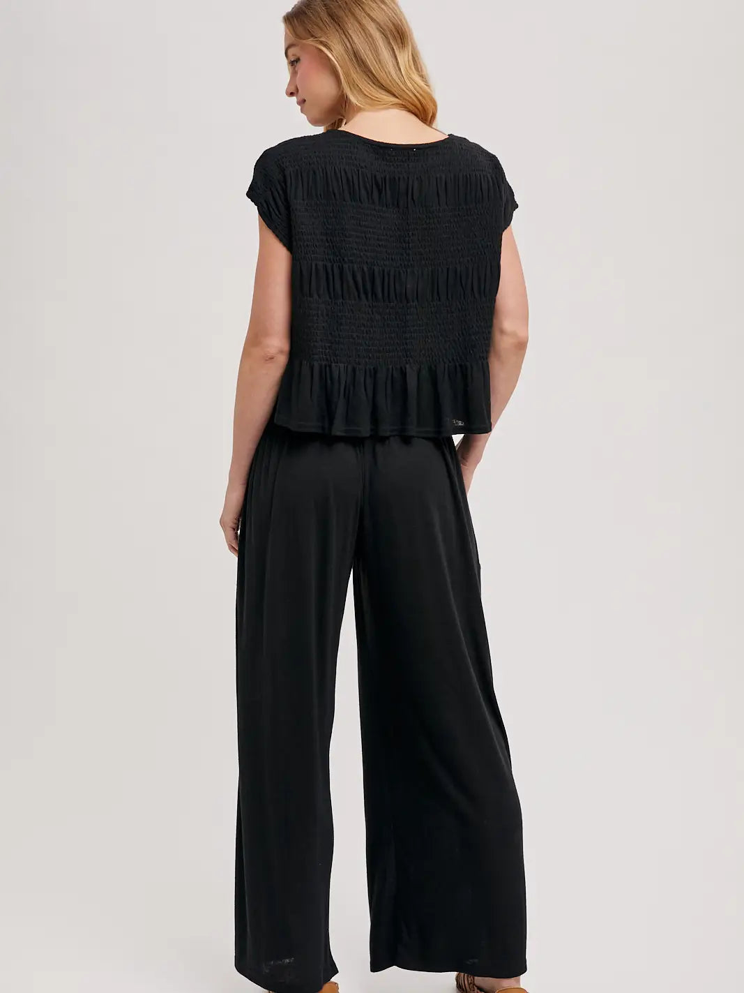 Relaxed Knit Smocked Top and Wide Pants Set-Black