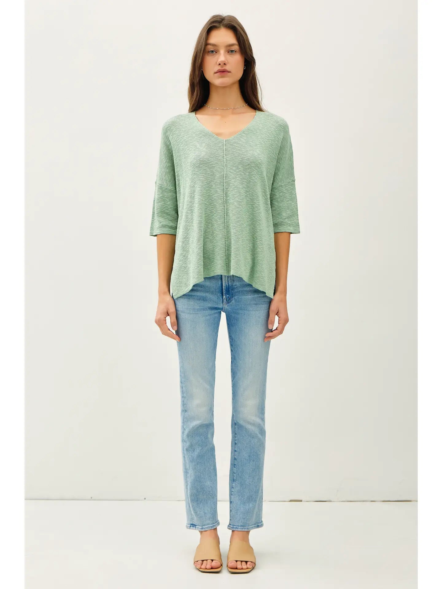 Relaxed Fit 1/2 Sleeve Cotton Slub Sweater-Capri