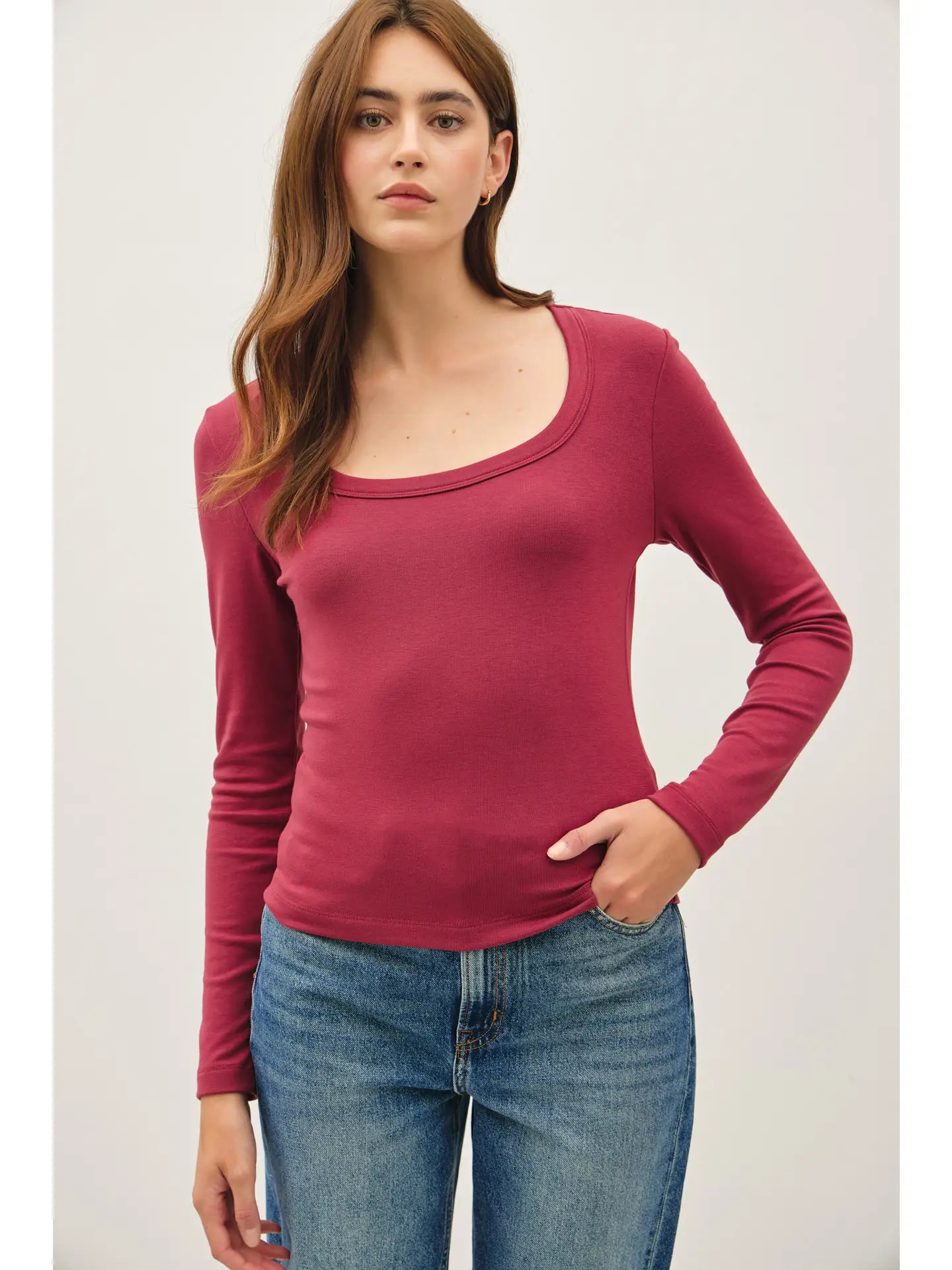 Basic Scoop Neck Long Sleeve Top-Burgandy