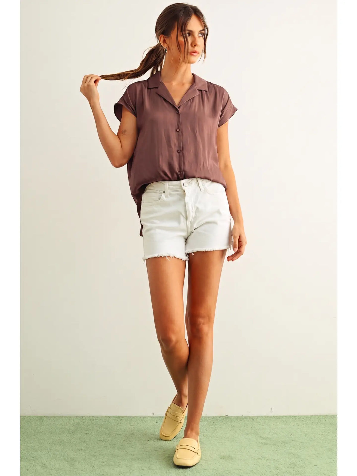 Button Down Cap Sleeve Shirts-Red Bean