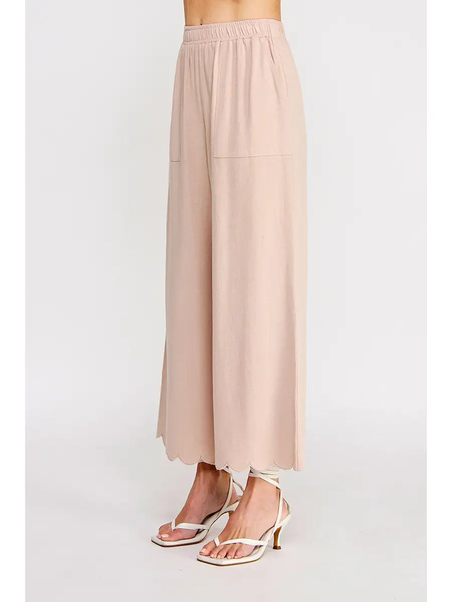 Soft Linen Blend Scallop Hem Elastic Waist Pant-Almond