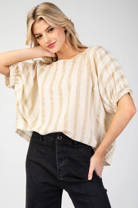 Avaline Striped Short Sleeve Blouse Top-Almond Milk