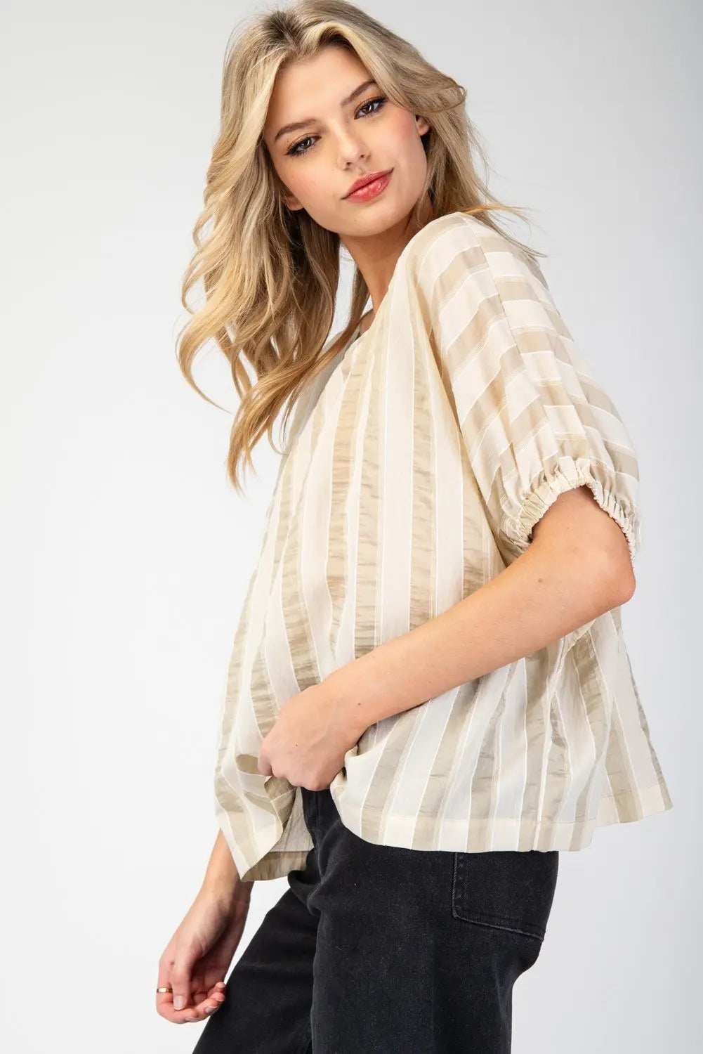 Avaline Striped Short Sleeve Blouse Top-Almond Milk