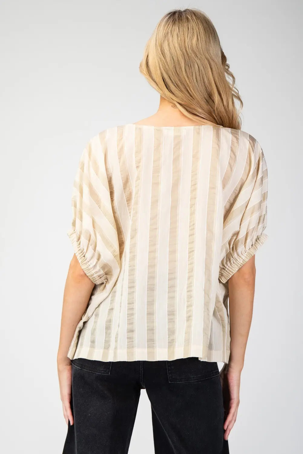 Avaline Striped Short Sleeve Blouse Top-Almond Milk
