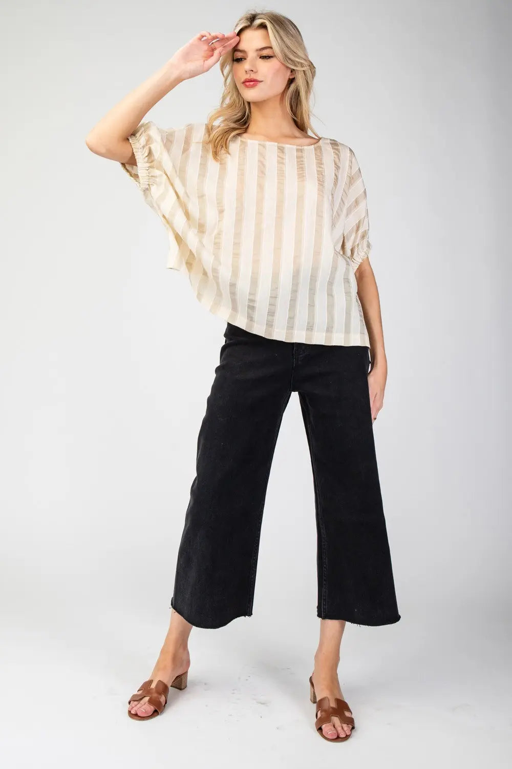 Avaline Striped Short Sleeve Blouse Top-Almond Milk