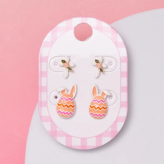 Easter Bunny Egg & Dragonfly with Flower Stud Earrings Set