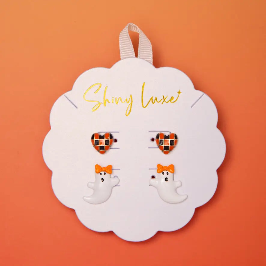 Halloween Checkered Heart & Ghost Post Earring Set