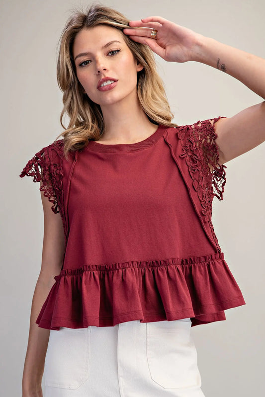 Isa Side Lace Trim Ruffle Hem Top-Wine