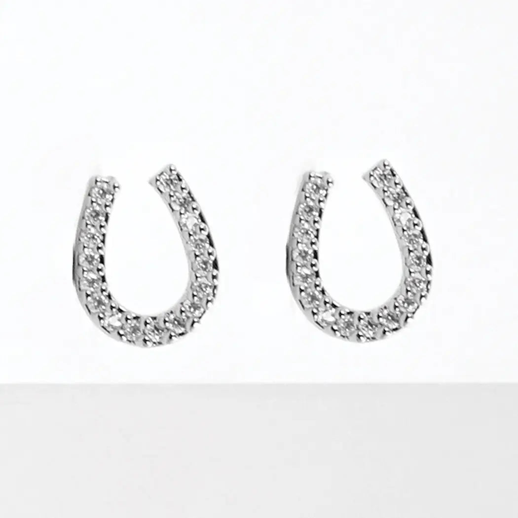 Cz Gold-Dipped Rhinestone Horseshoe Earring-Rhodium