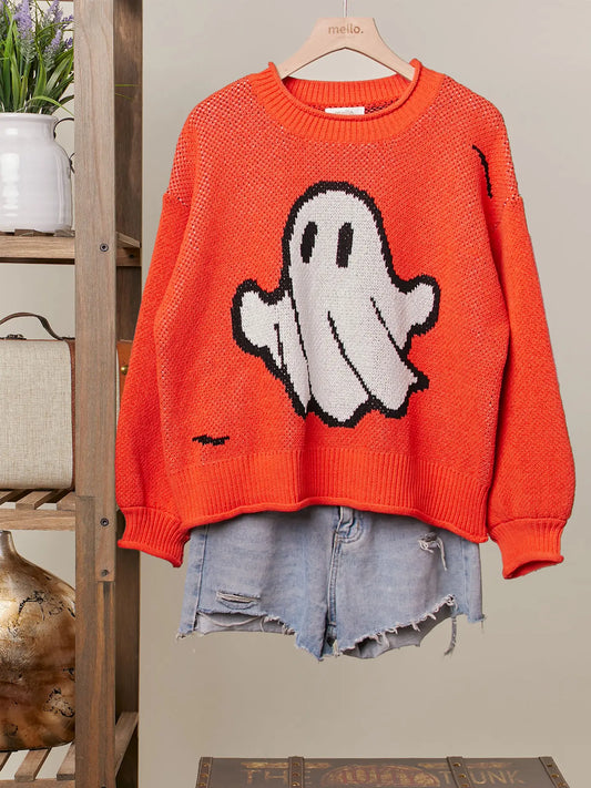Halloween Spooky Face Ghost Knit-Orange