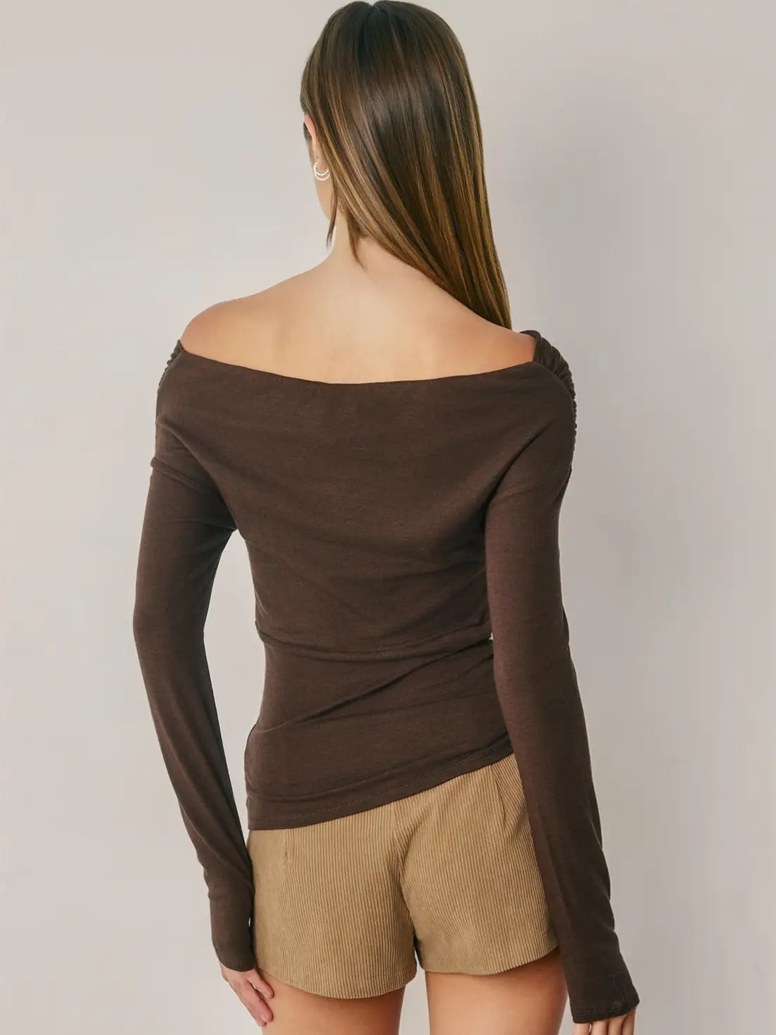 Off Shoulder Ruched Long Sleeve Top-Brown