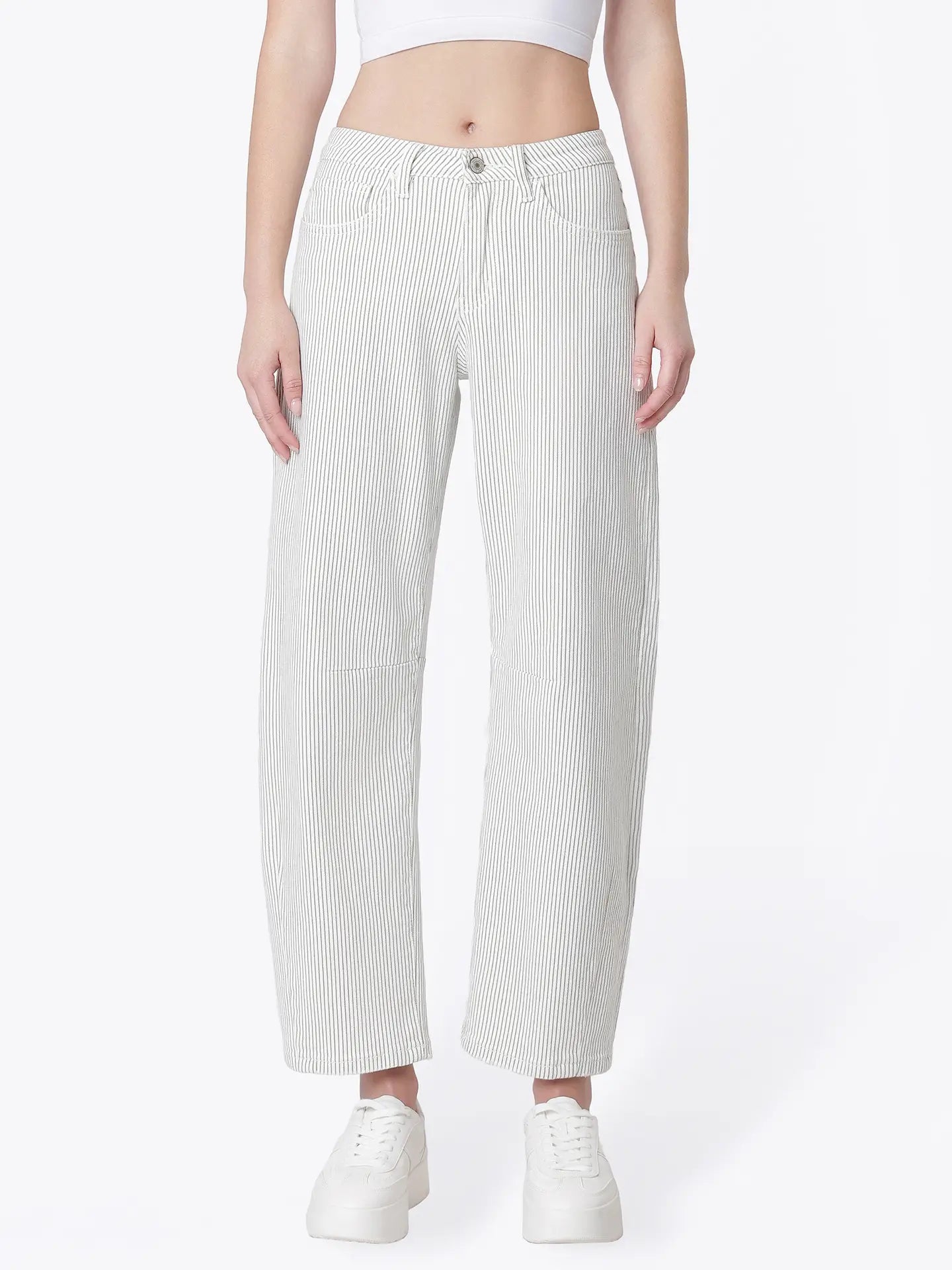 High Rise Dart Detail Striped Crop Barrel Jeans