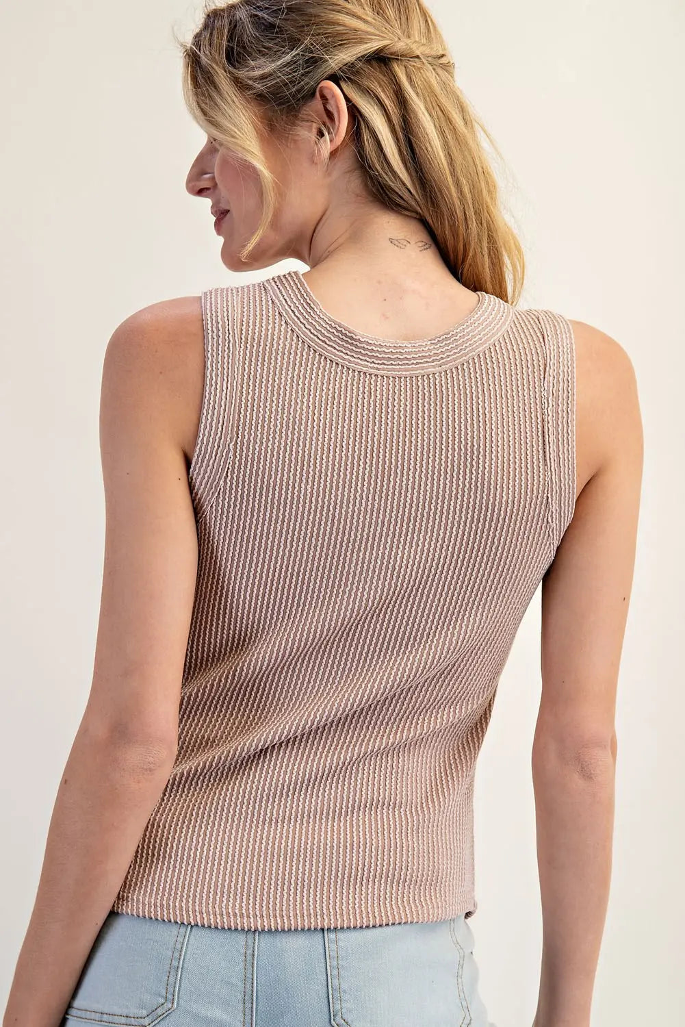 Textured V-Neck Tank Top-Mushroom