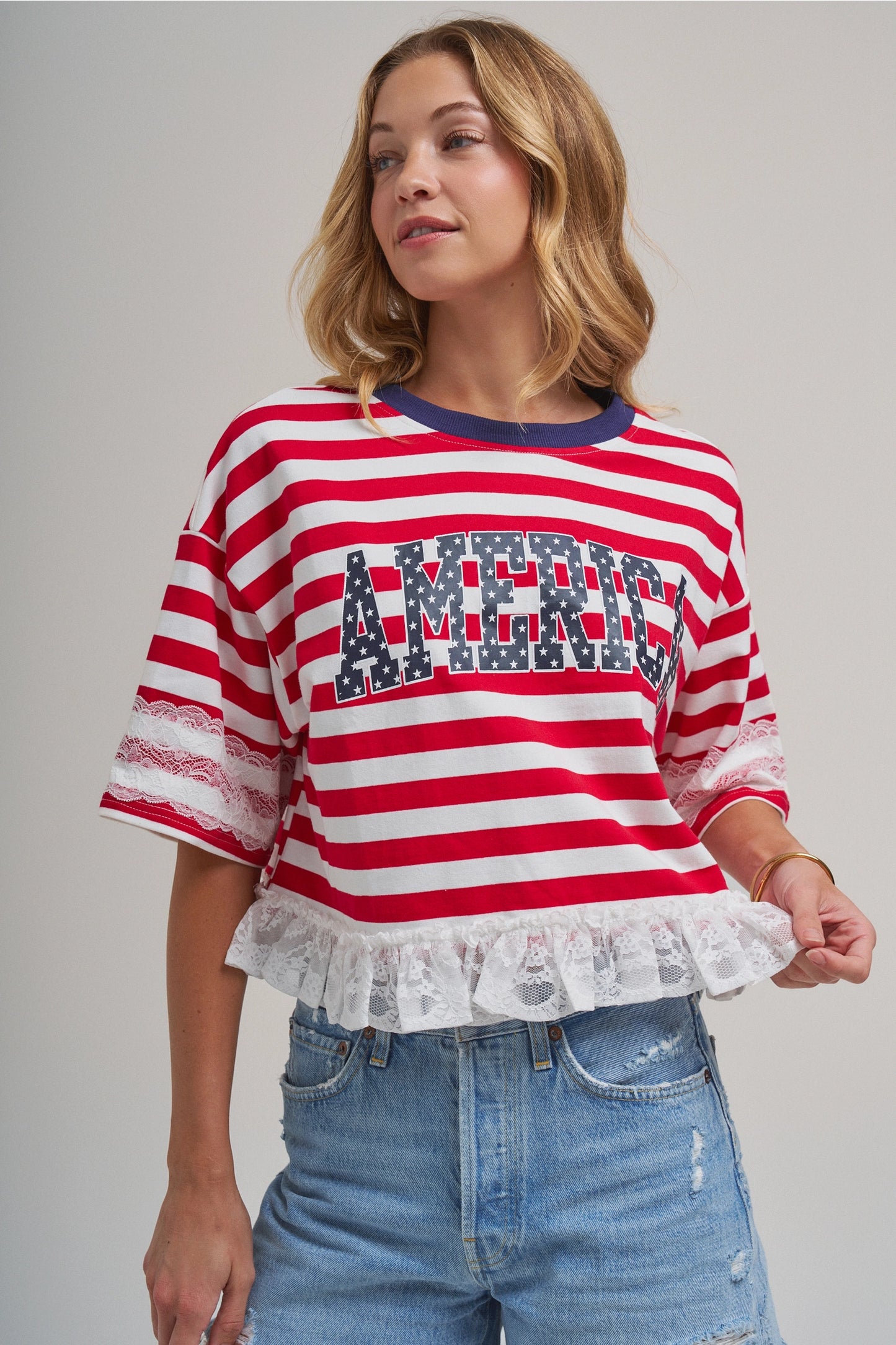 Striped America Lettering Print 4TH of July Top with Lace