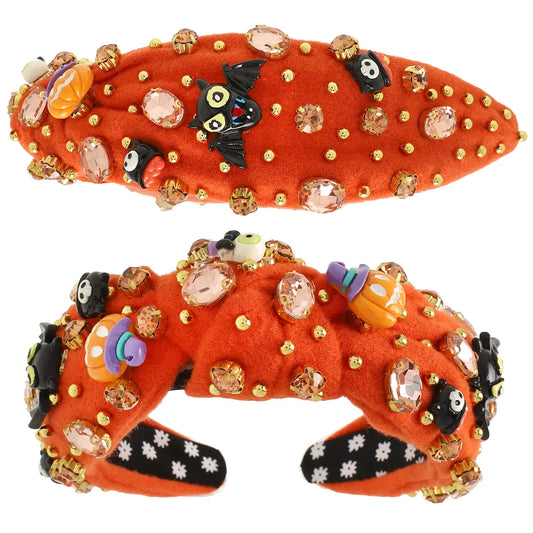 Halloween Themed Jeweled Knotted Headband-Orange
