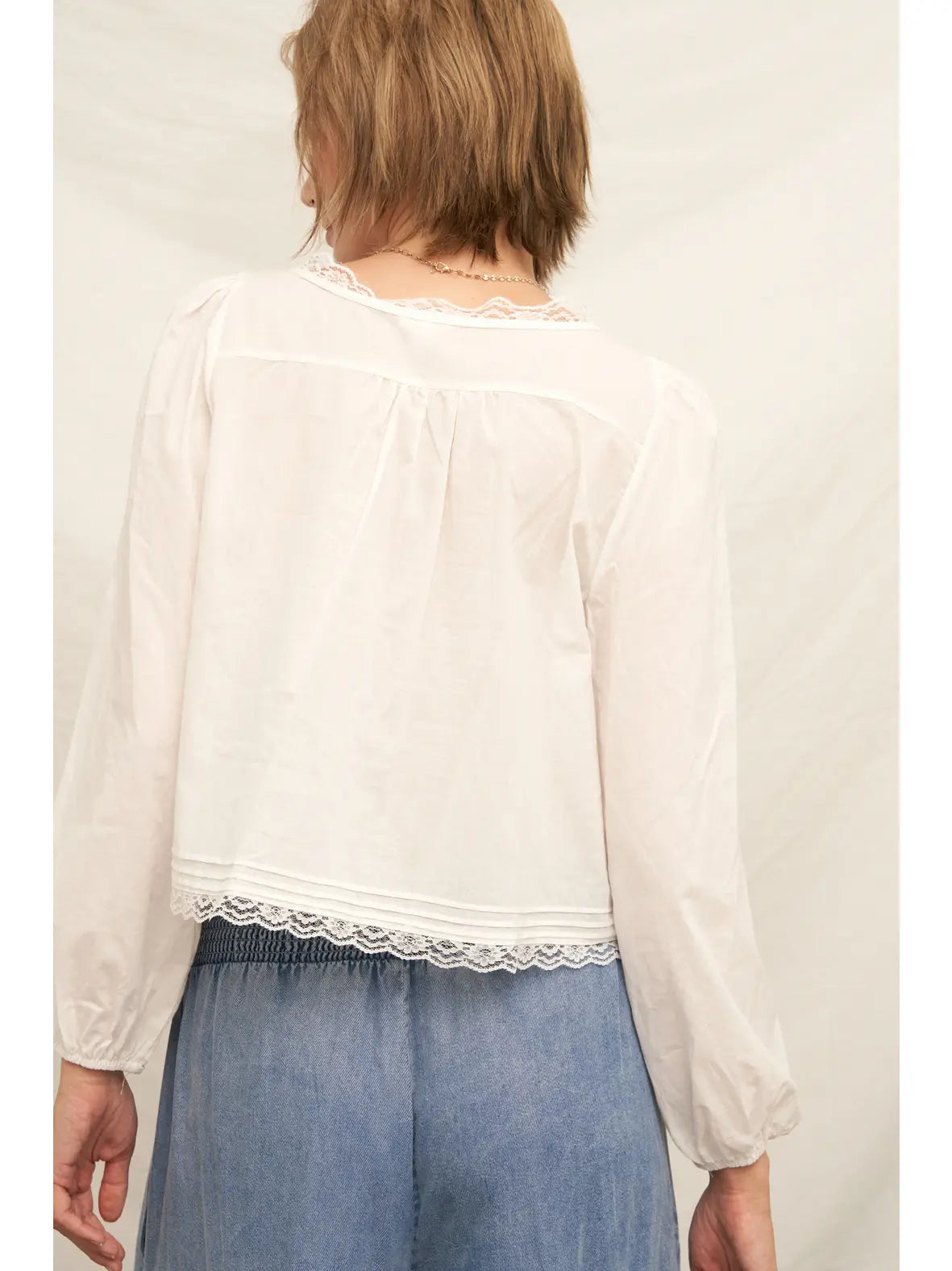 Lace-Trimmed Blouse with Pintuck and Tie-Front