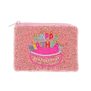Pink Happy Birthday Seed Bead Beaded Zipper Coin Bag