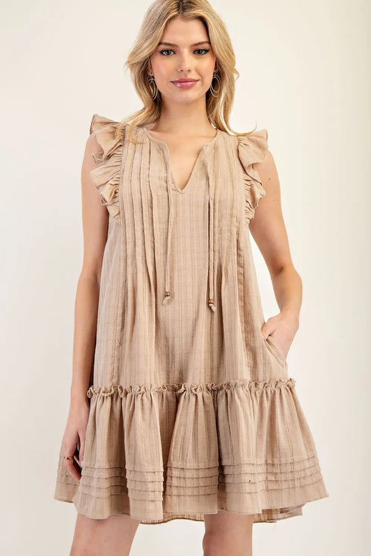 LuLu Ruffle Drawstring V-Neck Mini Dress-Tan