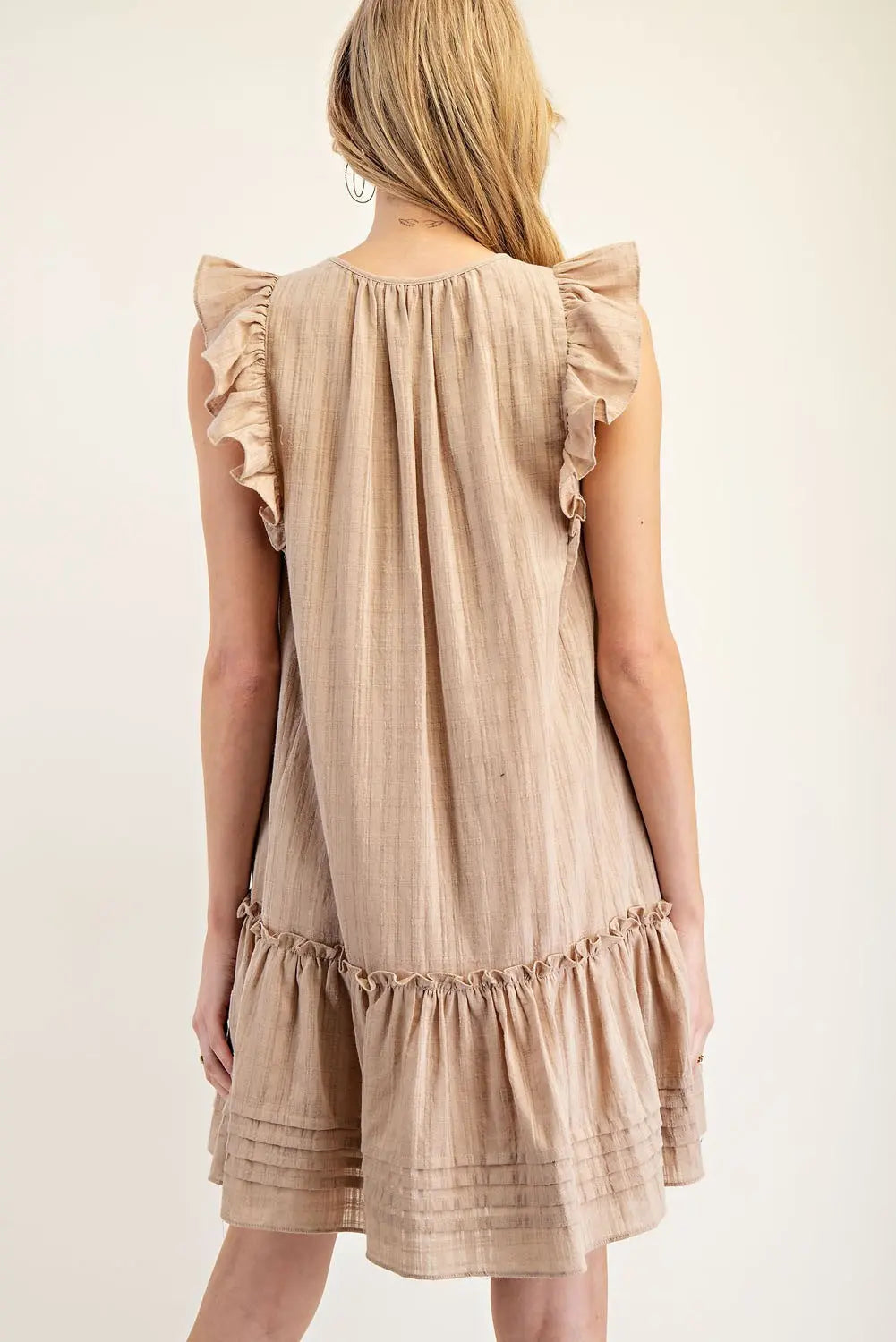 LuLu Ruffle Drawstring V-Neck Mini Dress-Tan