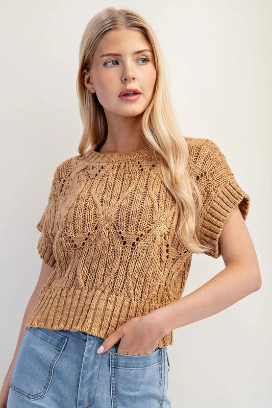 Elowen Cable Knit Short Sleeve Sweater Top-Camel