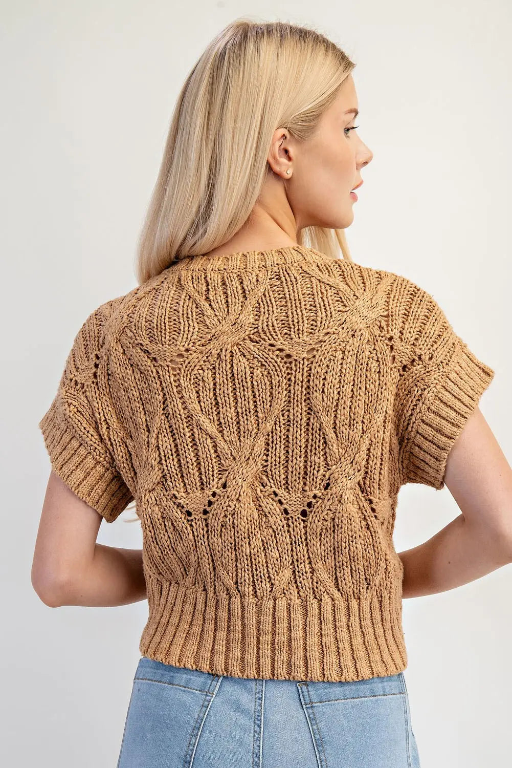 Elowen Cable Knit Short Sleeve Sweater Top-Camel