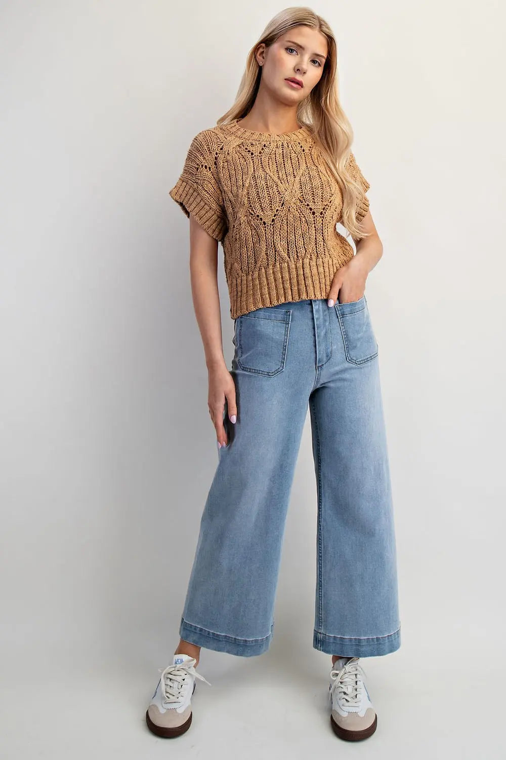 Elowen Cable Knit Short Sleeve Sweater Top-Camel