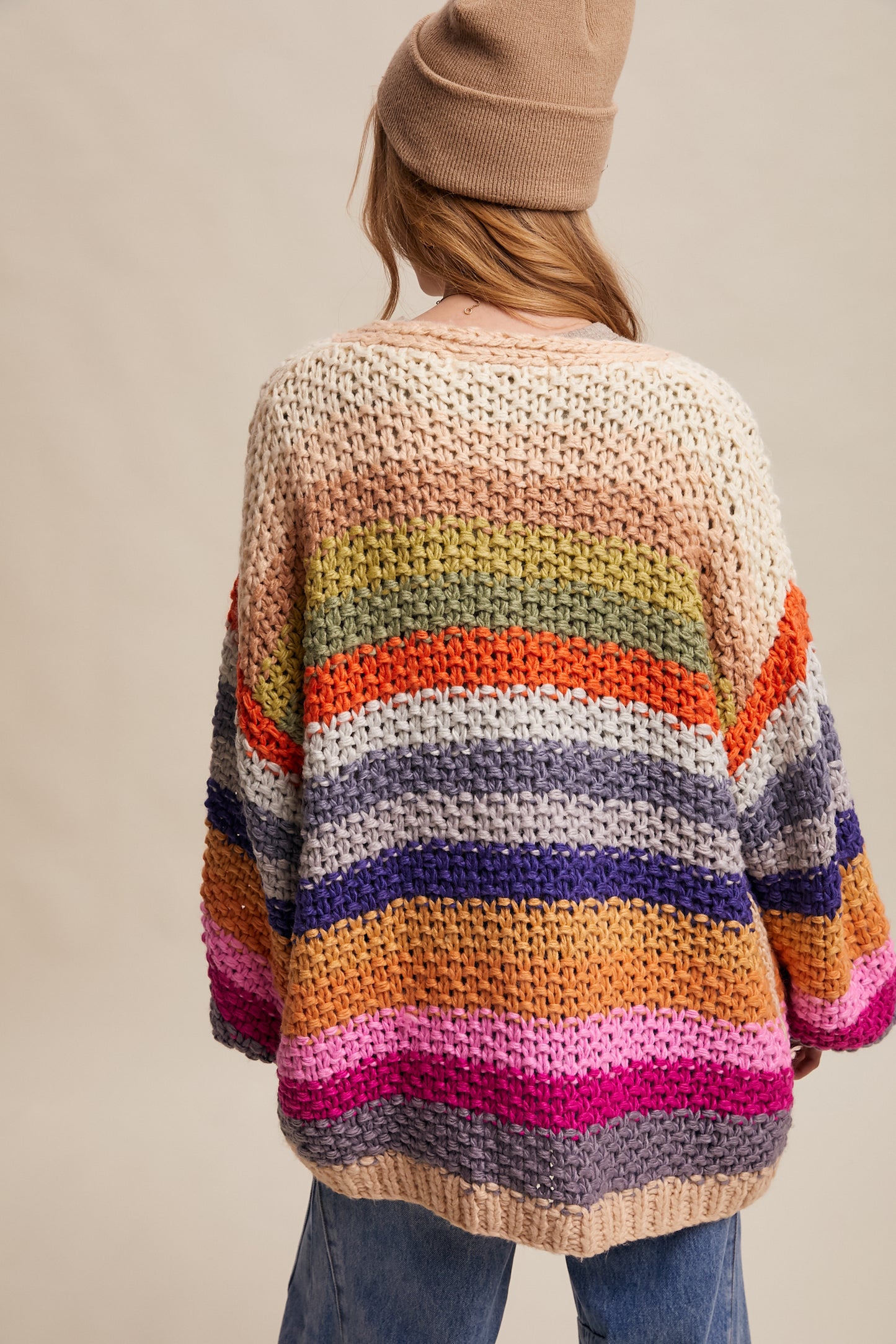 Rainbow Hand-Crochet Open Cardigan-Cream