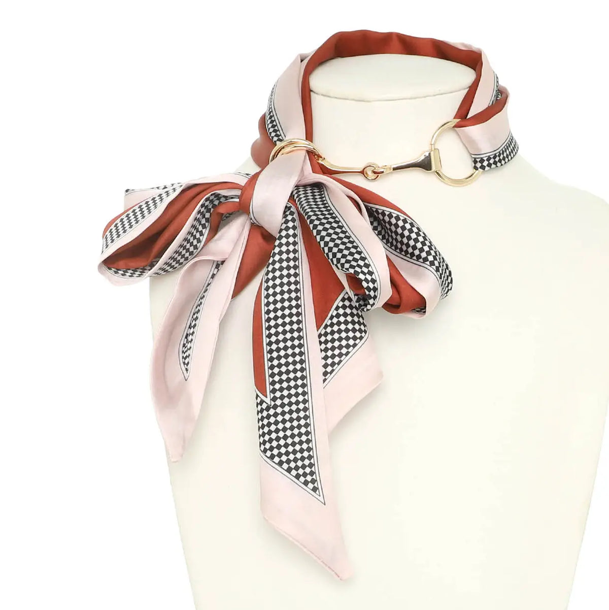 Red and Pink Checker Print Long Scarf Horsebit Necklace