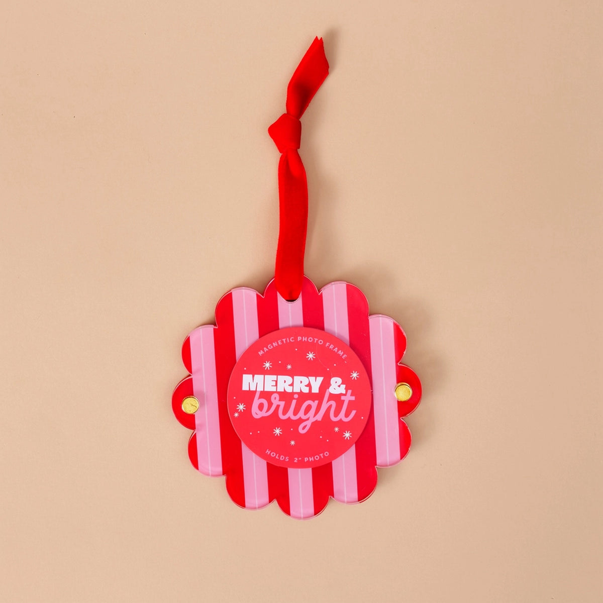 Scalloped Round Picture Frame Ornament-Peppermint Stripes