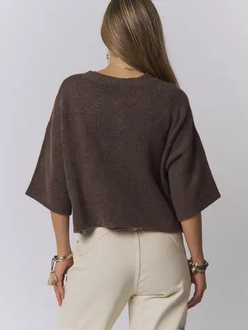 Boxy 3/4 Sleeve Button Front Sweater Top -BROWN