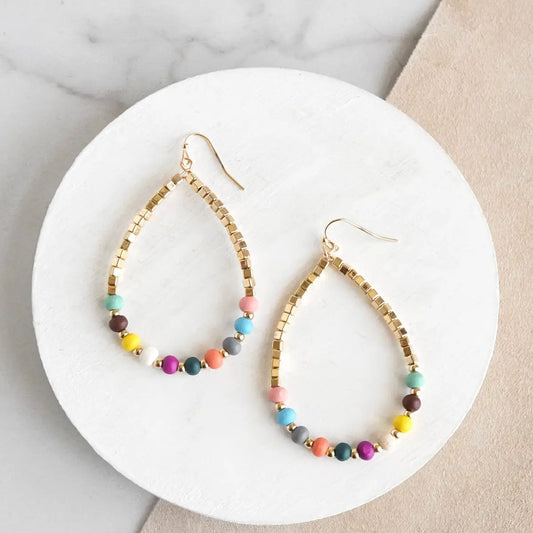 Natural Wood & Gold Beaded Teardrop Hoop Earrings Multi Color