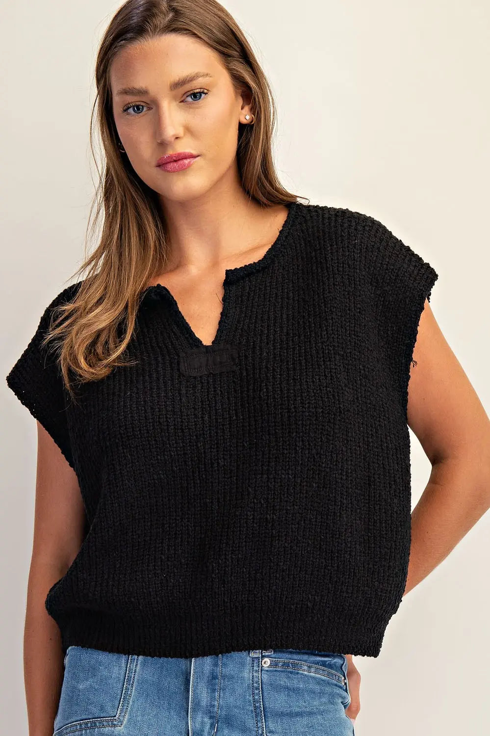Dana Solid Cap Sleeve Notched Neck Knit Sweater-Black